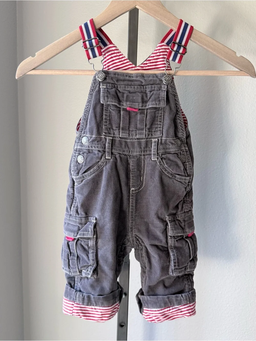 Baby Boden 6-12M Gray Corduroy Cargo Overalls Striped Lined